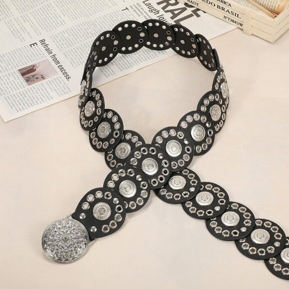 Women Vintage Disc Waist Concho Leather Belt Boho Waist Belt Black Silver Buckle - Picture 7 of 7